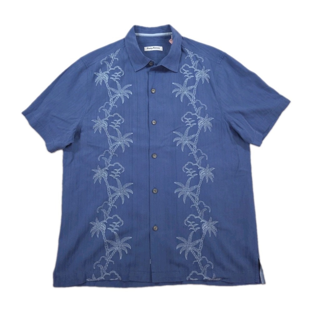 Tommy Bahama Silk Shirt Mens Large Embroidered Palm Tree Hawaiian Camp Button Up